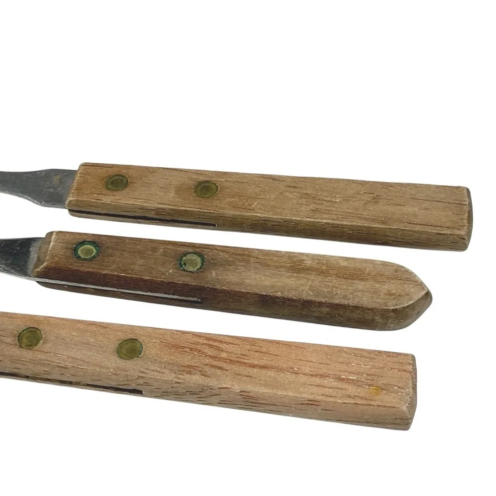 Stainless Steel Brown‎ Wood Handle Forks Set of 3 Riveted Mid-Century Modern MCM
